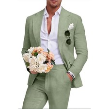 Aowdoy Men s Linen 2 Piece Suit Slim Fit Blazer Pants Light Green Size S