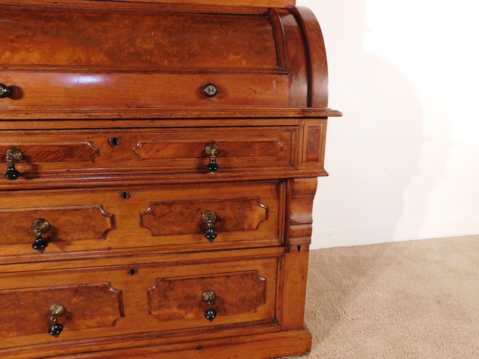 ANTIQUE 1880s Victorian Eastlake Burled Walnut Cylinder Secretary Bookcase Desk
