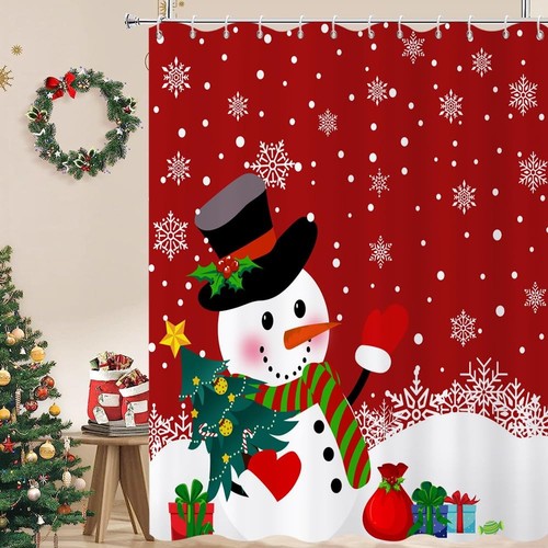 Christmas Snowman Shower Curtain, Red Xmas Snowman Snowflake Pine Tree Winter...