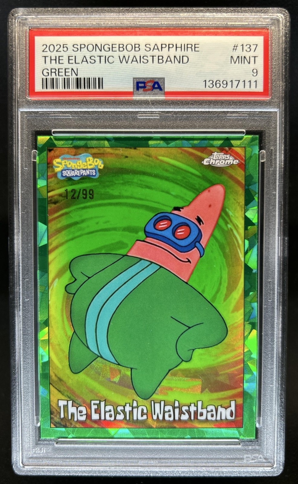 2025 Topps Chrome SpongeBob Sapphire The Elastic Waistband Green #/99 PSA 9