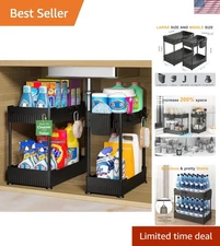 Dust Resistant 2-Pack Under Sink Organizer with Hooks for Bathroom & Kitchen