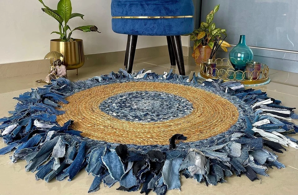 Rug Jute Denim Cotton Fringes Design Round Shape Area Rug Carpet code 212 - Image 2 of 2