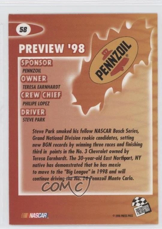 1998 Press Pass Steve Park #58 - Image 2 of 2