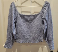 Dex Smocked Square Neck Blue Dot Cropped Off-Shoulder Blouse Boho S New