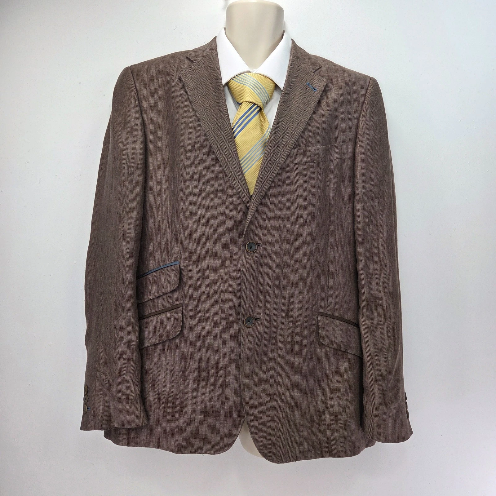 Ted Baker Tight Lines Blazer Jacket Men's 42R Linen Brown Herringbone Country