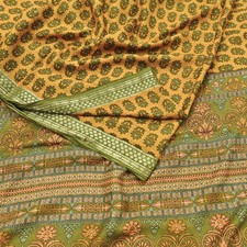 Vintage Green mustard Pure Silk Saree Indian Printed Silk Fabric 5 Yards Boho