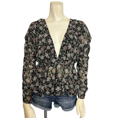 Lush Black Floral Print Deep V-Neck Boho Long Sleeve Blouse Cottage Large