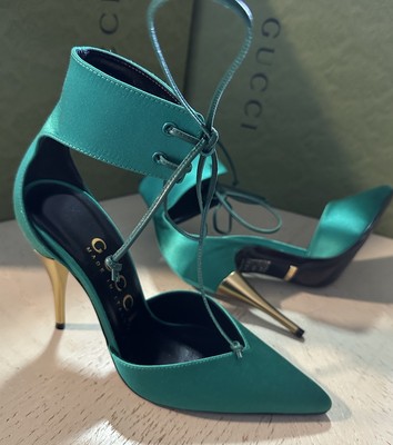 Gucci Women Satin Strap Pumps Sandal Shoes Green 6.5 US/36.5 Eu New 752966