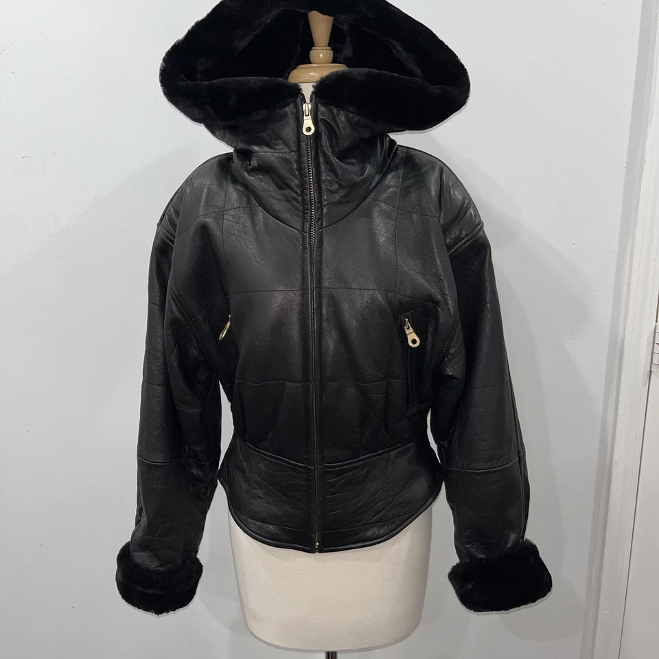 Jaqueta Marc-New York grossa e aconchegante preta de couro e pele preta com capuz tamanho M