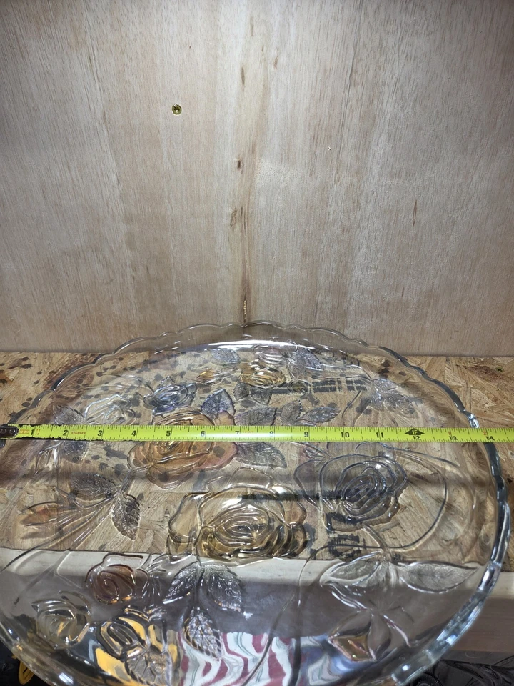 GRAN PLATO DE SERVIR ROSA DE VIDRIO PESADO DE 14" COCINA NICHO VINTAGE  Foto 3 de 3