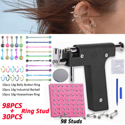 131Pcs Body Piercing Gun Tool Kit Ear Nose Navel Ring Industrial Barbell 14g 16g