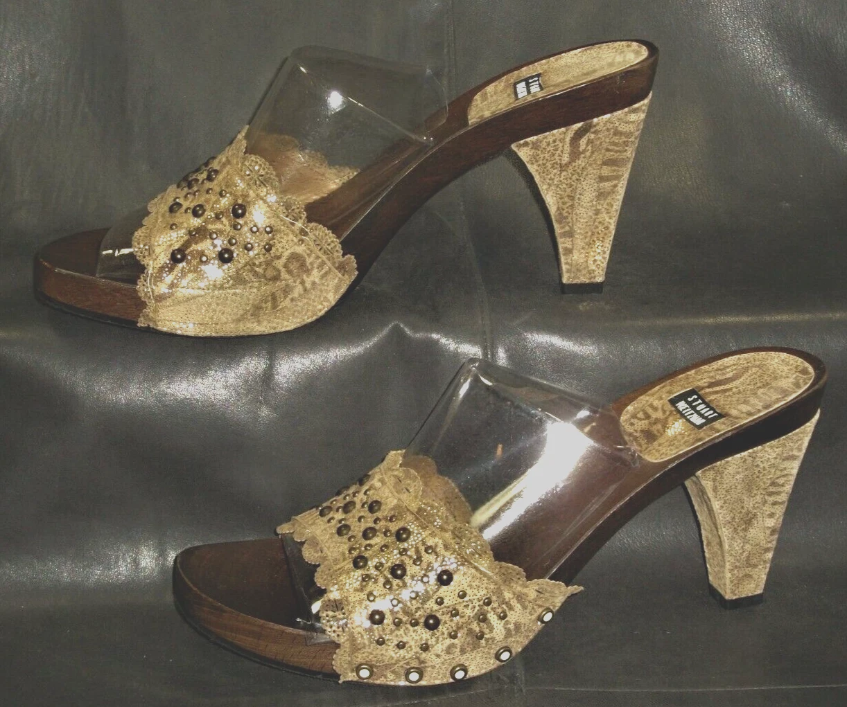 MBT Stuart Weitzman sandali donna pelle talpa con borchie zoccoli mulo taglia 7 1 2M