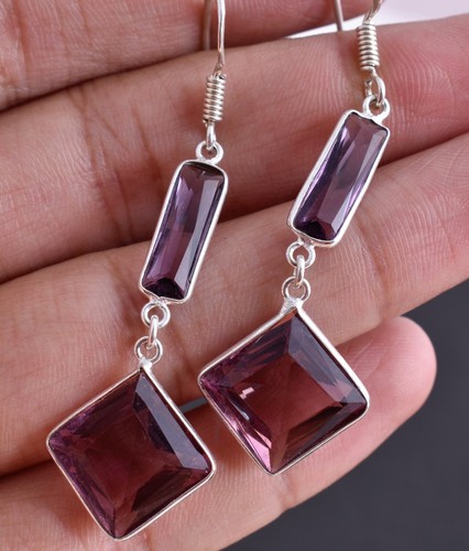 Handmade Sterling Silver Amethyst Square Shape silver/Gold/Rose Plated Earrings