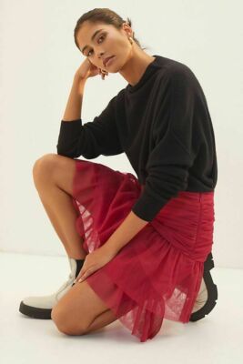 Anthropologie Maeve Tiered Ruched Tulle Mini Skirt Lined Raspberry/Wine Size 0 