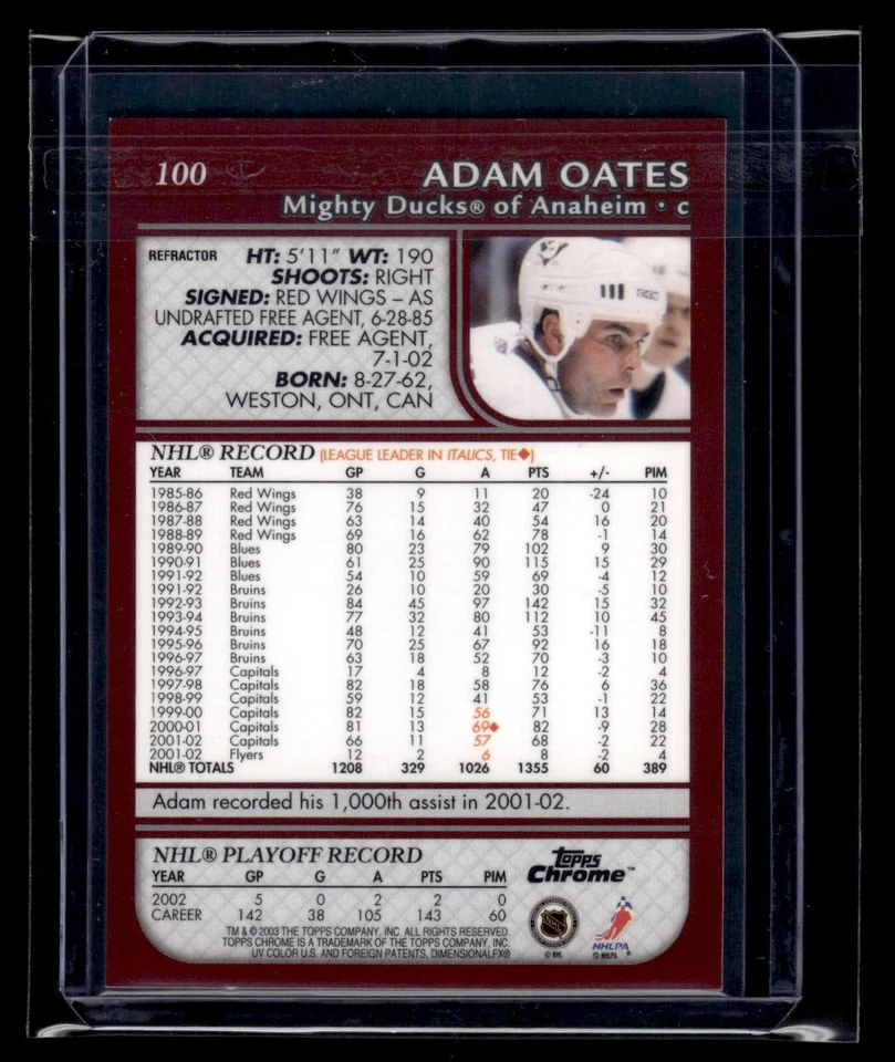 2002 Topps Chrome Refractor #100 Adam Oates Mighty Ducks HOF - Image 2 of 2
