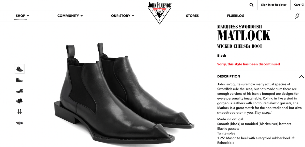 John Fluevog Matlock Black Leather Swordfish Wicked Chelsea 