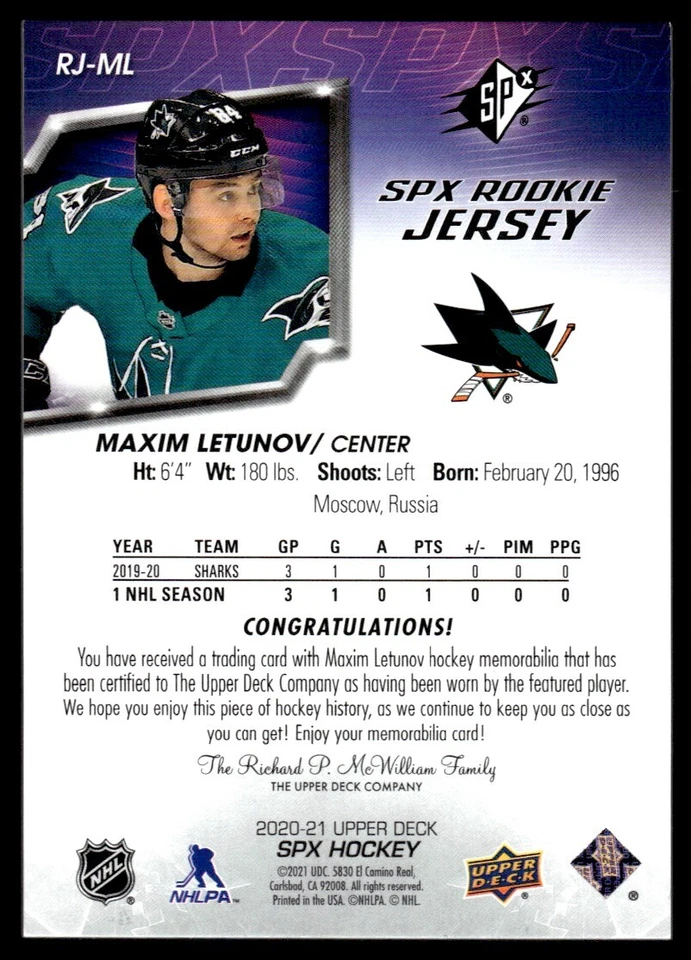 2020-21 SPx Rookie Jersey Maxim Letunov San Jose Sharks #RJ-ML - Image 2 of 2
