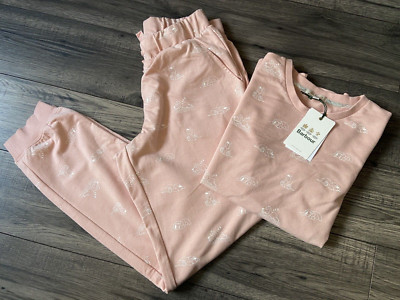 BARBOUR ROSA LOGO & SCHLAFENDER HUND DRUCK PYJAMA LOUNGEWEAR SET GRÖSSE S NEU MIT ETIKETT