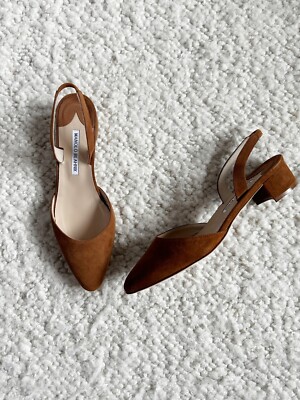 Manolo Blahnik Aspro Suede Block Heel Slingback Heels Size 36.5 Brown Leather