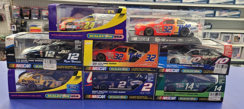 8-Piece SCALEXTRIC 1/32 NASCAR Slot Car Set with Pontiac, Ford, Craven, Wallace, Newman