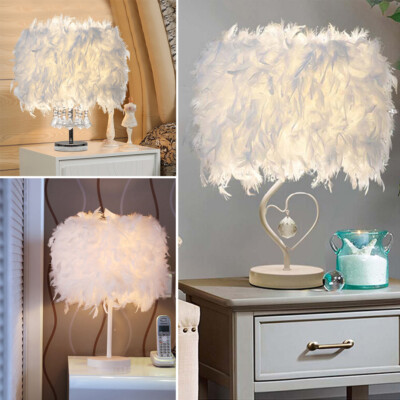 Feather Shade Table Lamp Vintage Elegant Bedside Desk Night Light Lampshade  Gift UK