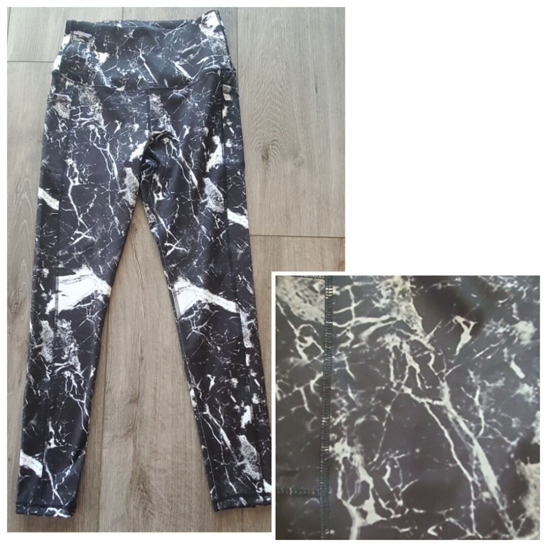LEG3ND Yoga Pants Leggings Black Marble Print Pockets High Waist 25