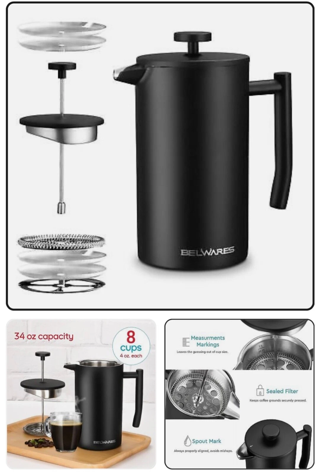 French Press Coffee Maker 34 Oz “ Insulated Coffee Press Stainless Steel 304 “ D