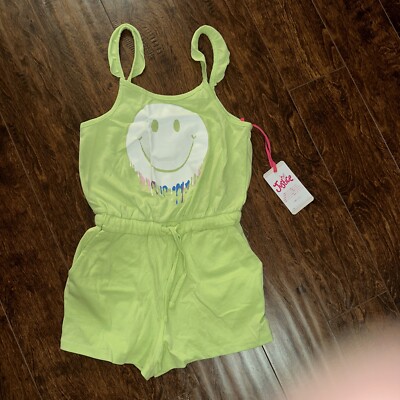 NWT Justice Girls Neon Lime Green Smiley Face Romper Jumpsuit Size S 7/8