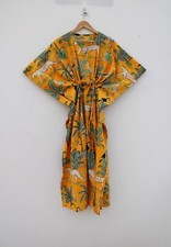 Indian Yellow Long Animal Print Cotton Hippie Maxi Women Nightwear Caftan Dress
