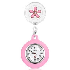 Retractable Nurse Watch Portable Pocket Watch Clip On Watch Cute Leaves Pink