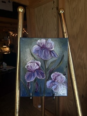 Handmade Realism Purple Iris Flower Oil Painting on Canvas, Floral Nature Art