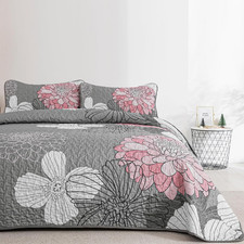 3Pieces King Size Floral Printed Quilt Set, Pink Boho Lightweight Oversized King