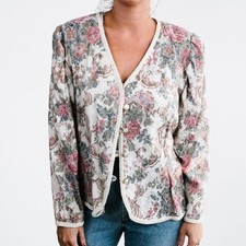 Vintage Floral Tapestry Jacket Cream Pink Blue Lace Trim Pearl Button Blazer