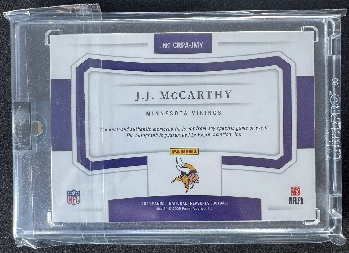 J.J. MCCARTHY 2024 NATIONAL TREASURES CROSSOVER RPA ROOKIE RC AUTO