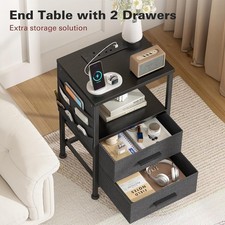 15in Bedside Table Charging Station 2 Drawer Nightstand End Table Black