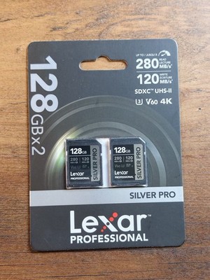 Lexar 128GB (2-PK) Professional SILVER PRO SD Card, UHS-II, C10, U3, V60 - NEW