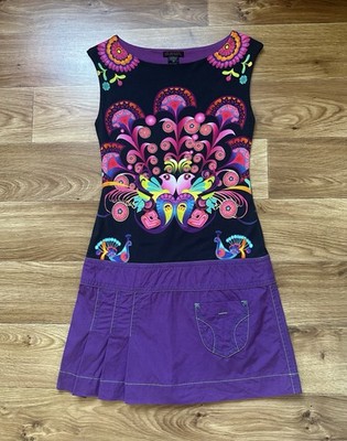 CUSTO BARCELONA Peacock Print Mini Dress Y2K Psychedelic Purple Pleated Skirt 38