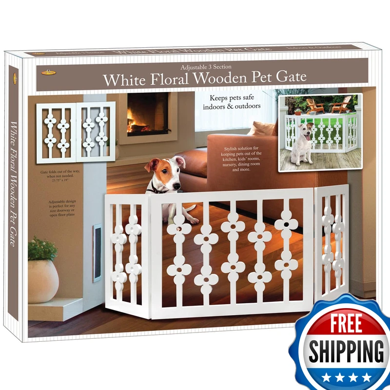 Etna White Floral Wooden Pet Gate - Freestanding Foldable Adjustable 3-Section