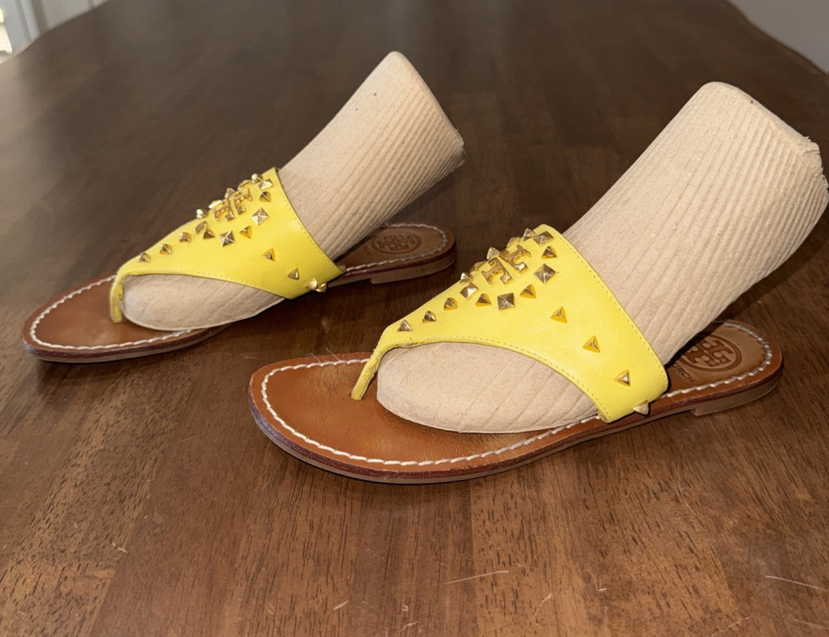 Tory Burch Yellow Leather Studded Thong Slide Sandals Flats Logo Cutout Women 7 thumbnail 5