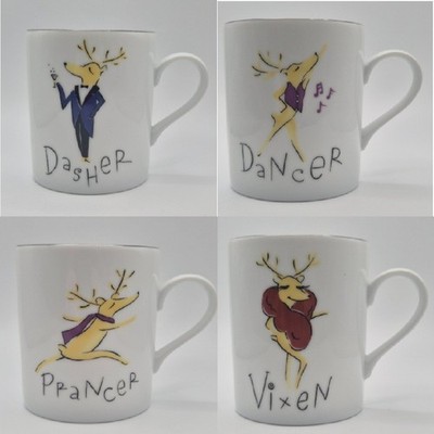   4 Pottery Barn REINDEER 4'' Coffee Mug Set w/ box Dasher Dancer Prancer Vixen