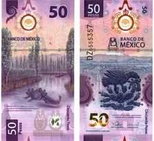 2025 Mexico 50 Pesos P138 UNC Polymer Banknote 100th Anniversary CB Axolotl