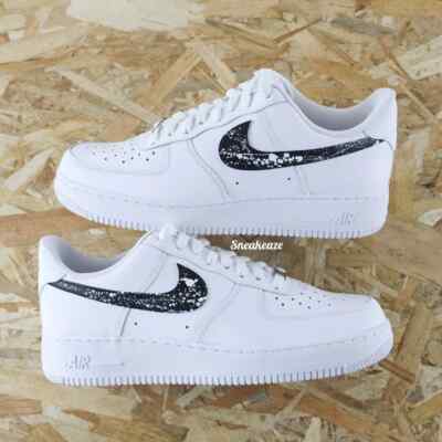 Air Force 1 Low Custom White Shoes Black Swoshes White Snow Splatter Art Design