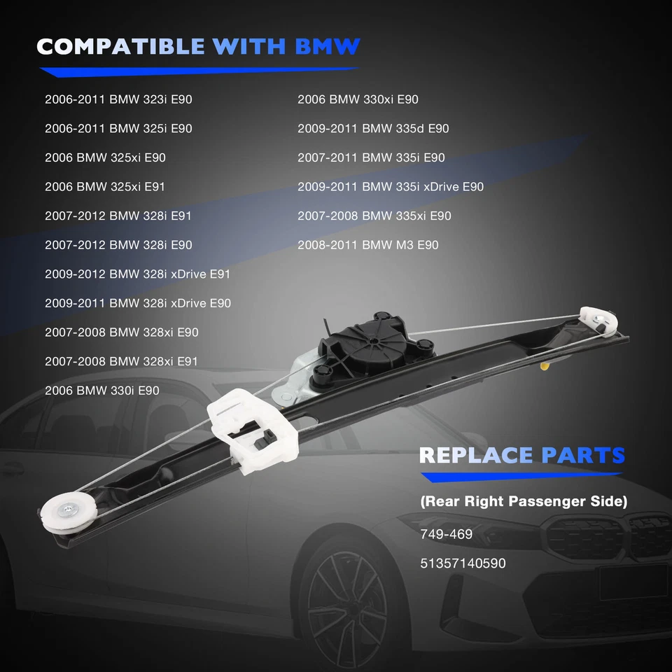 Power Window Regulator Rear Right For BMW E90 E91 328i 335i 330i 335d M3 323i - Image 2 of 4