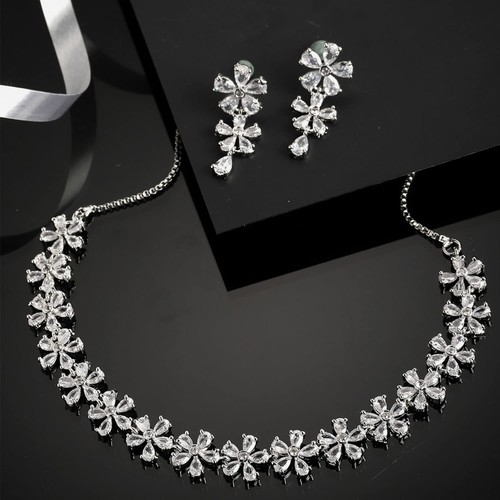 ZENEME Rhodium Plated Silver Toned American Diamond Studded Flower Shaped Set - Picture 1 of 37