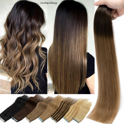 Russian Ombre 150G Tape In Human Remy Hair Extensions Skin Weft Full Head THICK