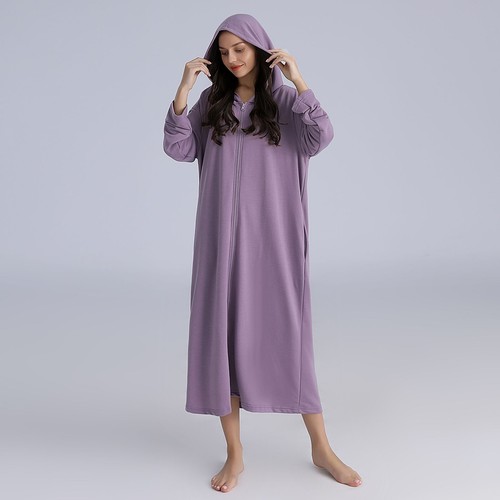 Women's Long Sleeve Robe Zipper Hooded Nightgown Pocket Soft Comfy House Coat - Picture 16 of 17