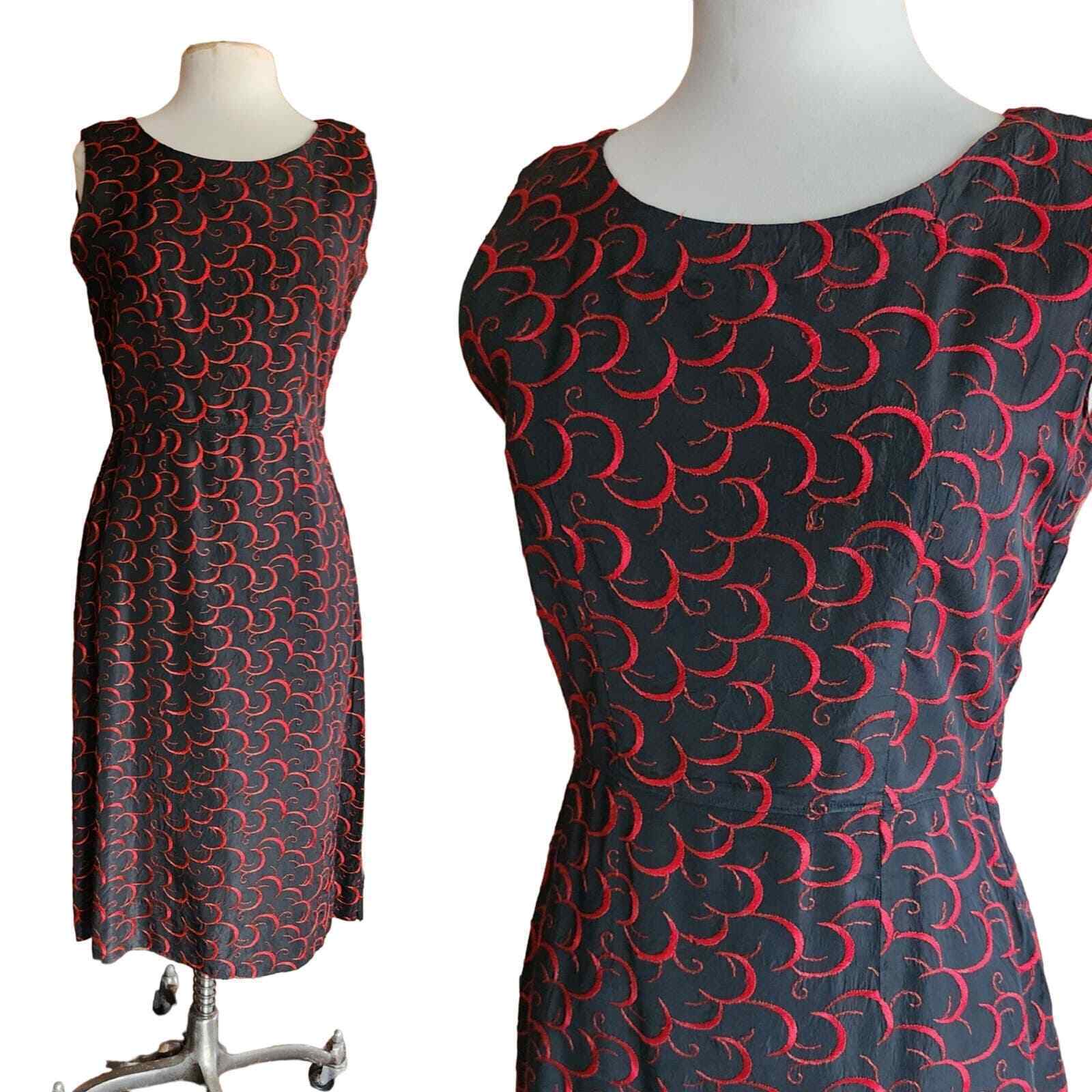 Vintage 50s Embroidered Dress Black Satin Red Cre… - image 1