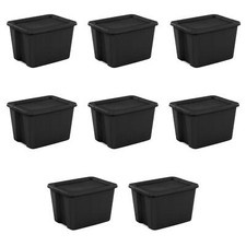Lot of 8 Tote Box 18Gal Plastic Adult Black Stackable Storage Lid lightweight
