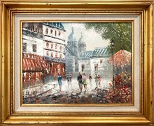 Parisian Street Scene Place Du Tertre, Post-Impressionist Oil Painting on Canvas