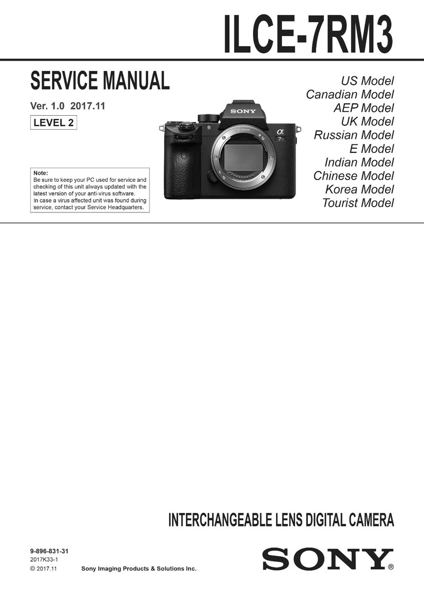 SONY A7R III ILCE-7RM3 Camera Service Repair Manual PDF NO
